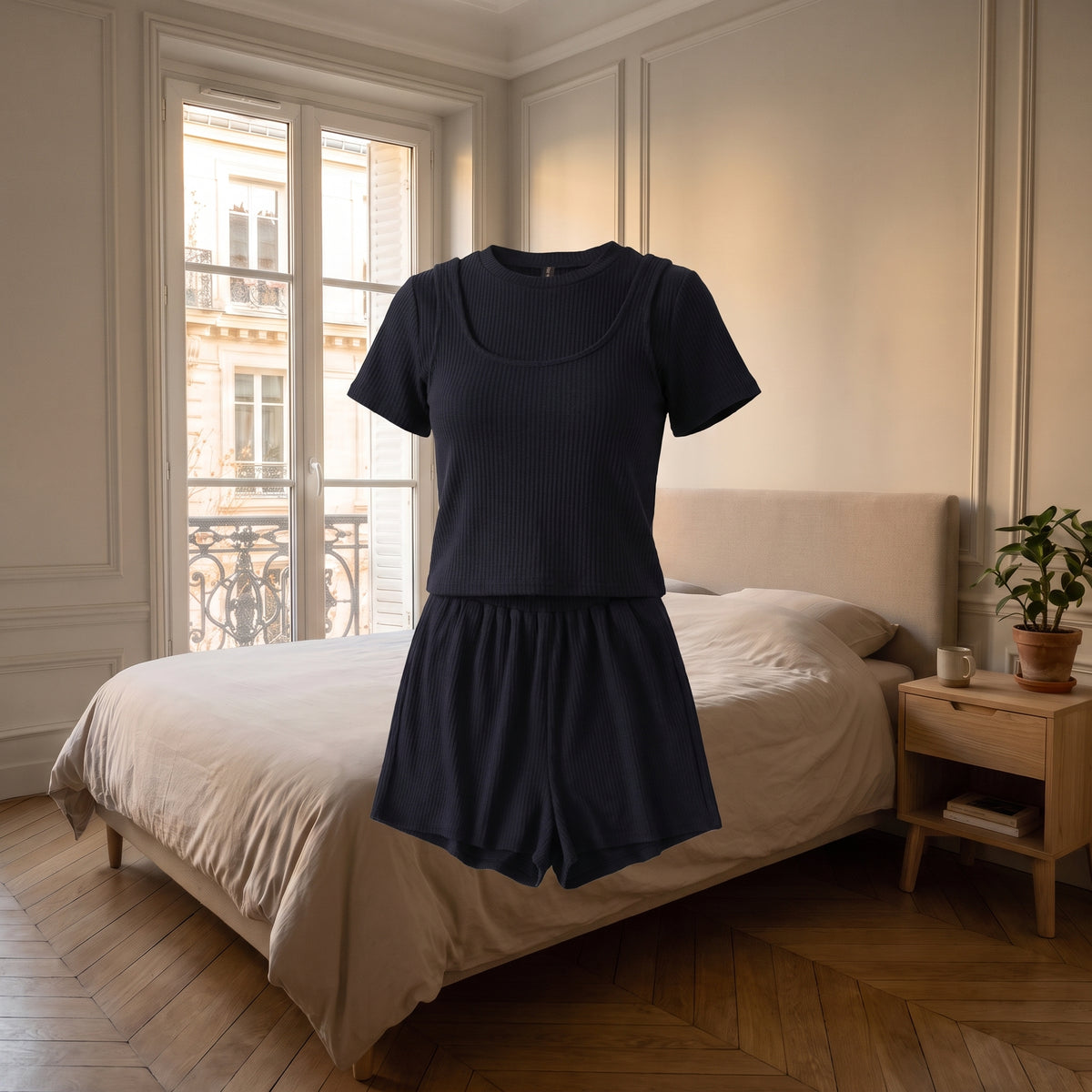 Ensemble d'été bleu marine porté sans mannequin, coupe visible