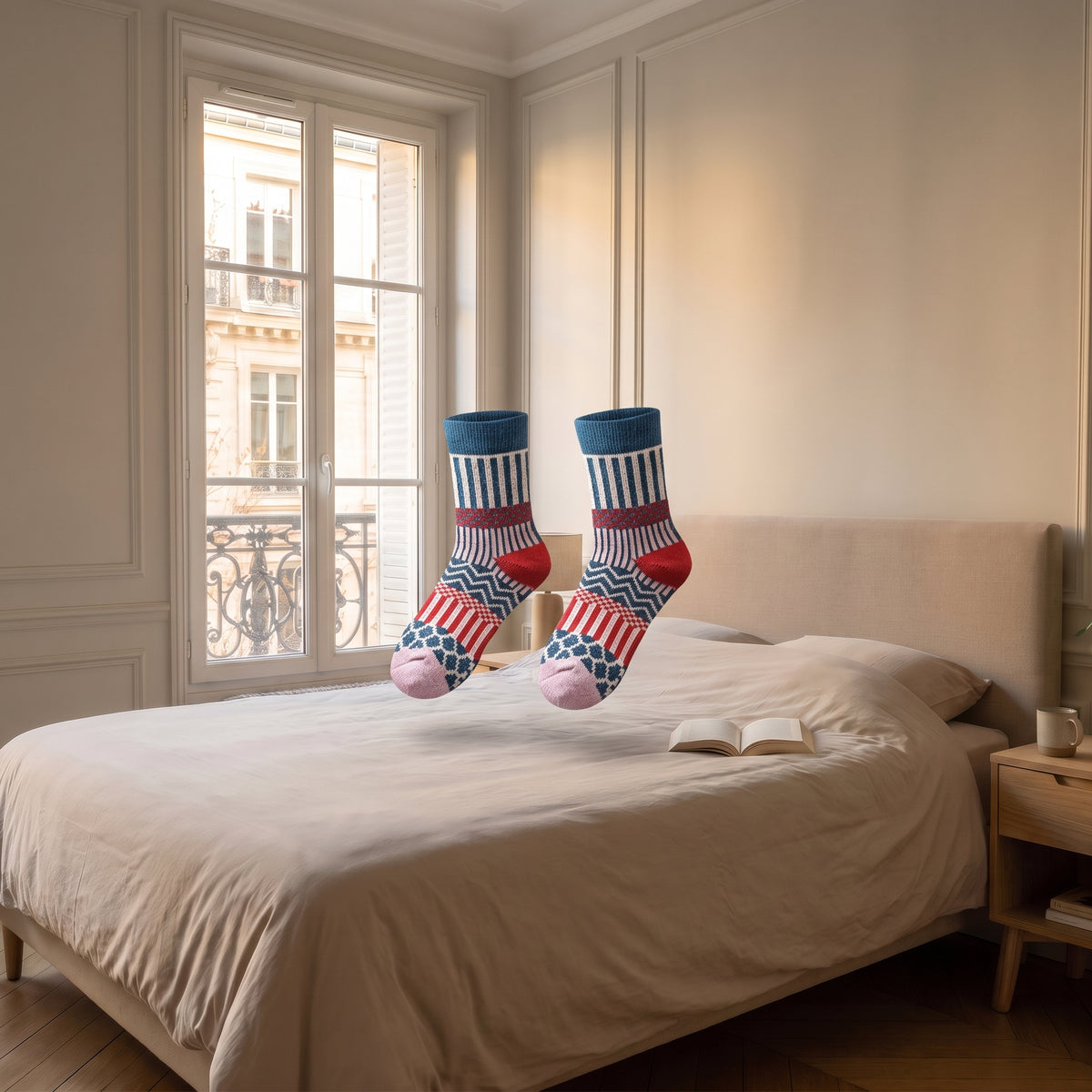 Chaussettes chaudes à motifs bleu, rouge et lilas en volume, portées sans personne