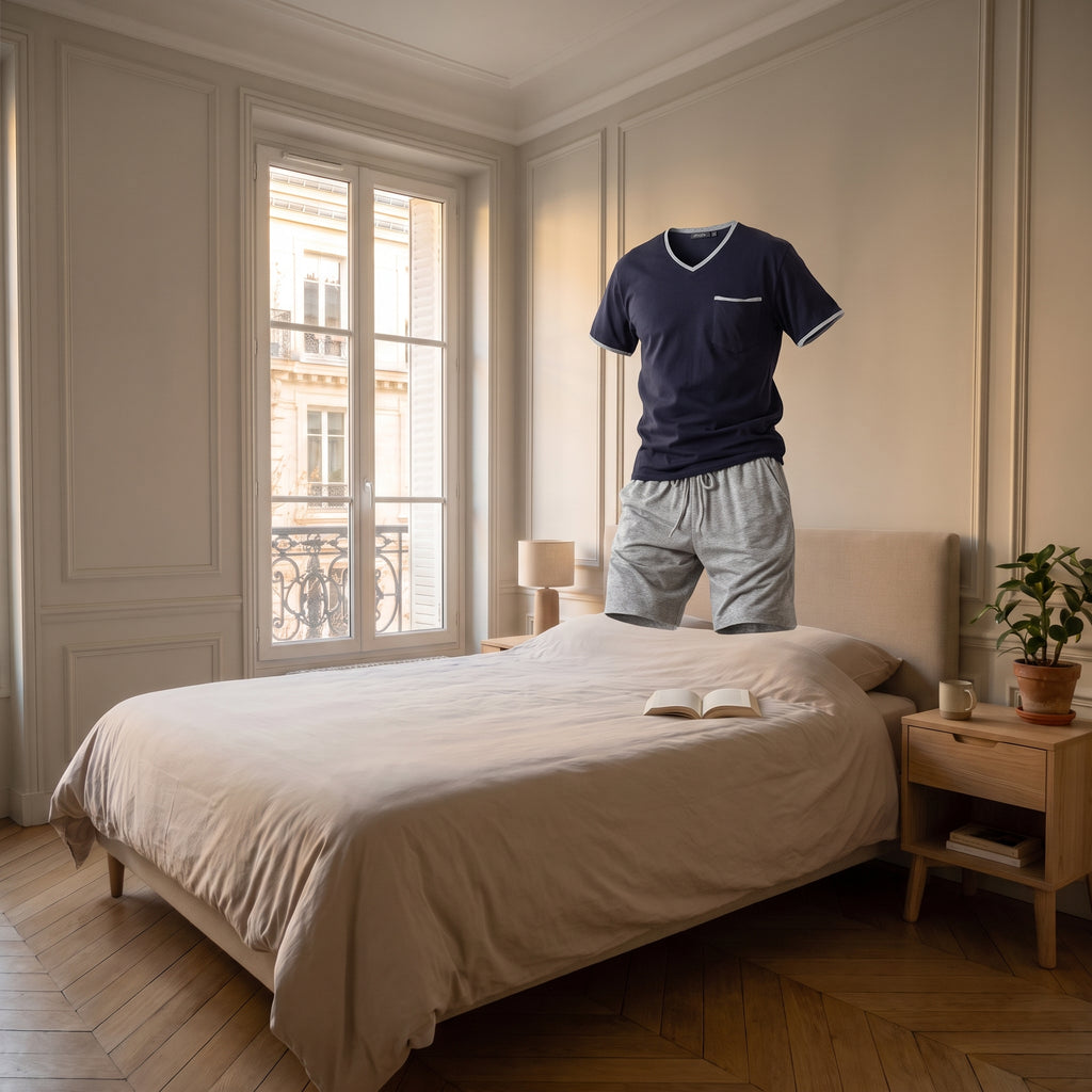 Tee-shirt bleu marine et short gris présentés sans mannequin