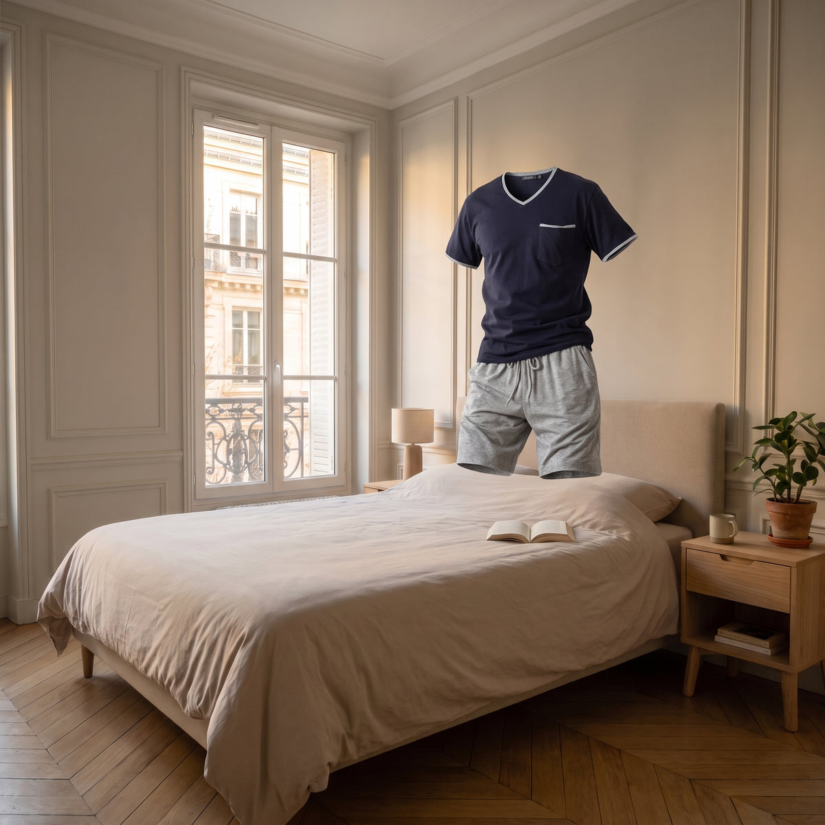 Tee-shirt bleu marine et short gris présentés sans mannequin