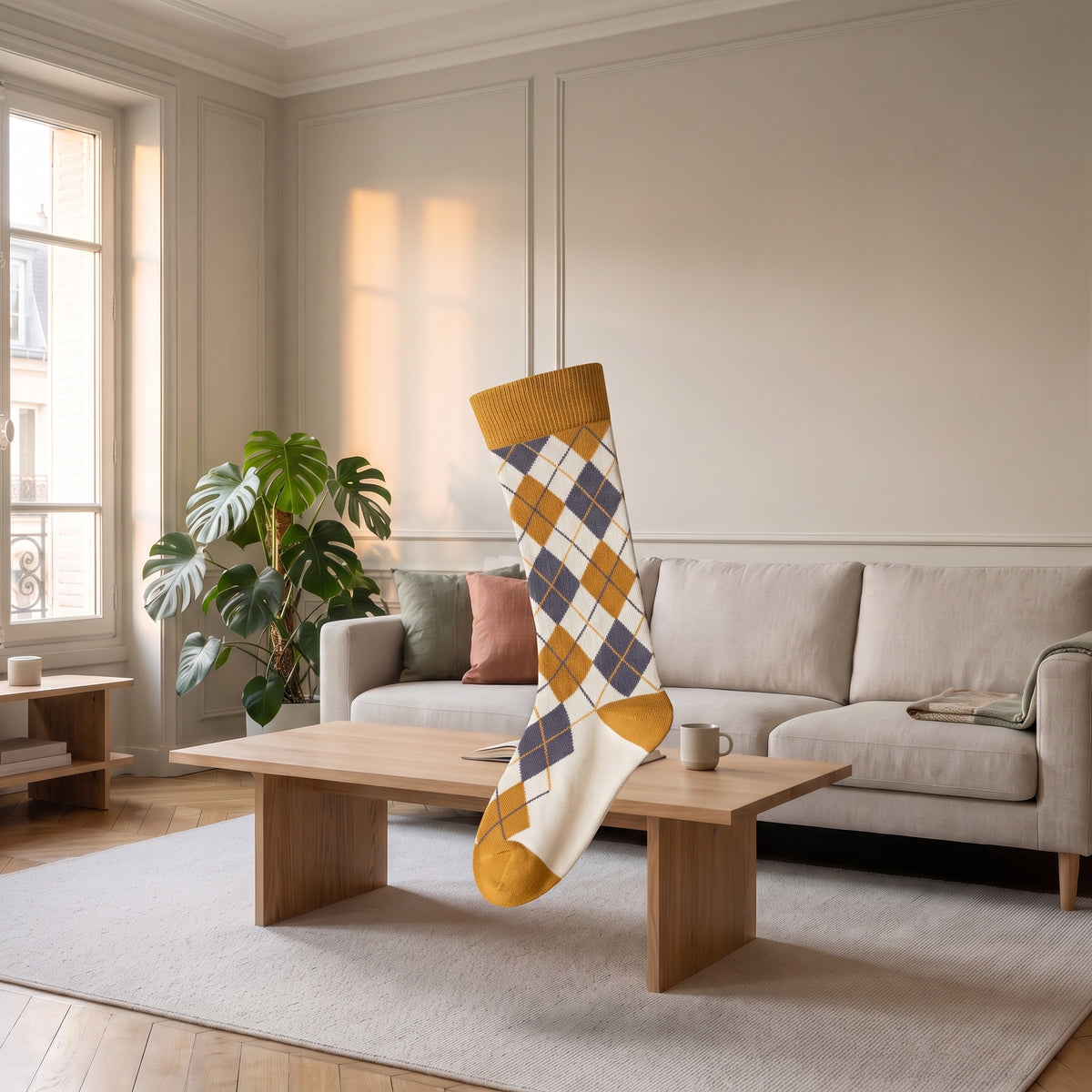 Chaussettes jaunes à losanges jacquard présentées sans pied