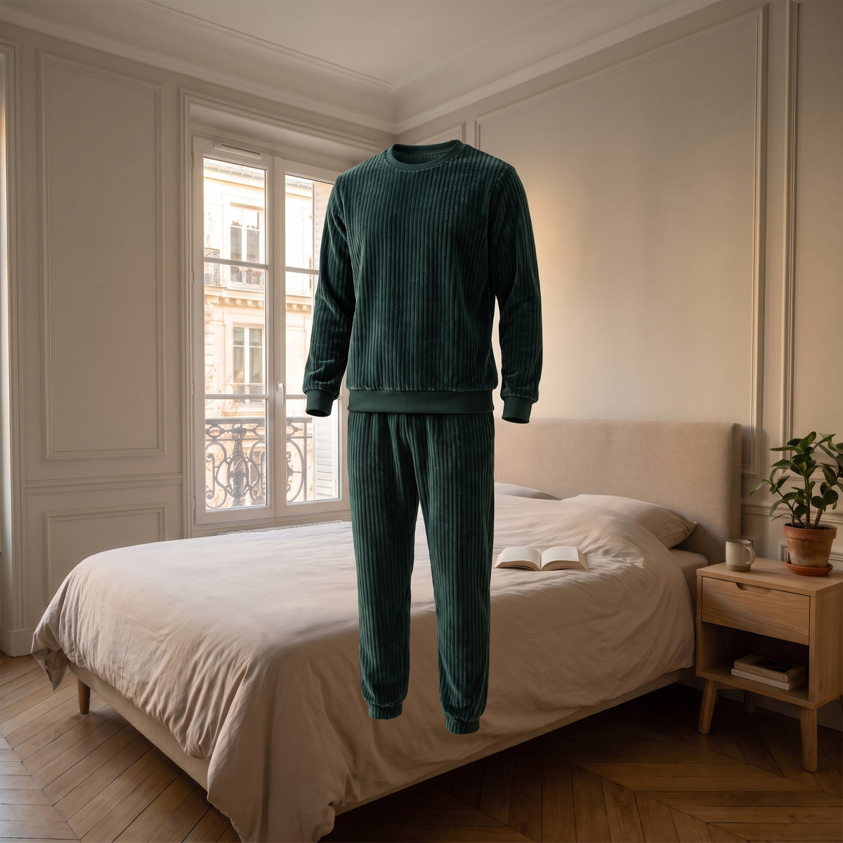 Pyjama en polaire côtelée vert porté sans mannequin, coupe visible
