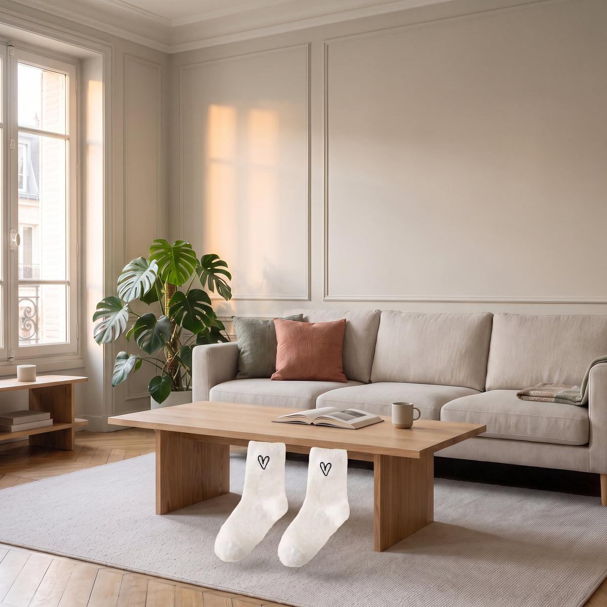 Chaussettes peluche blanches à cœur brodé en volume