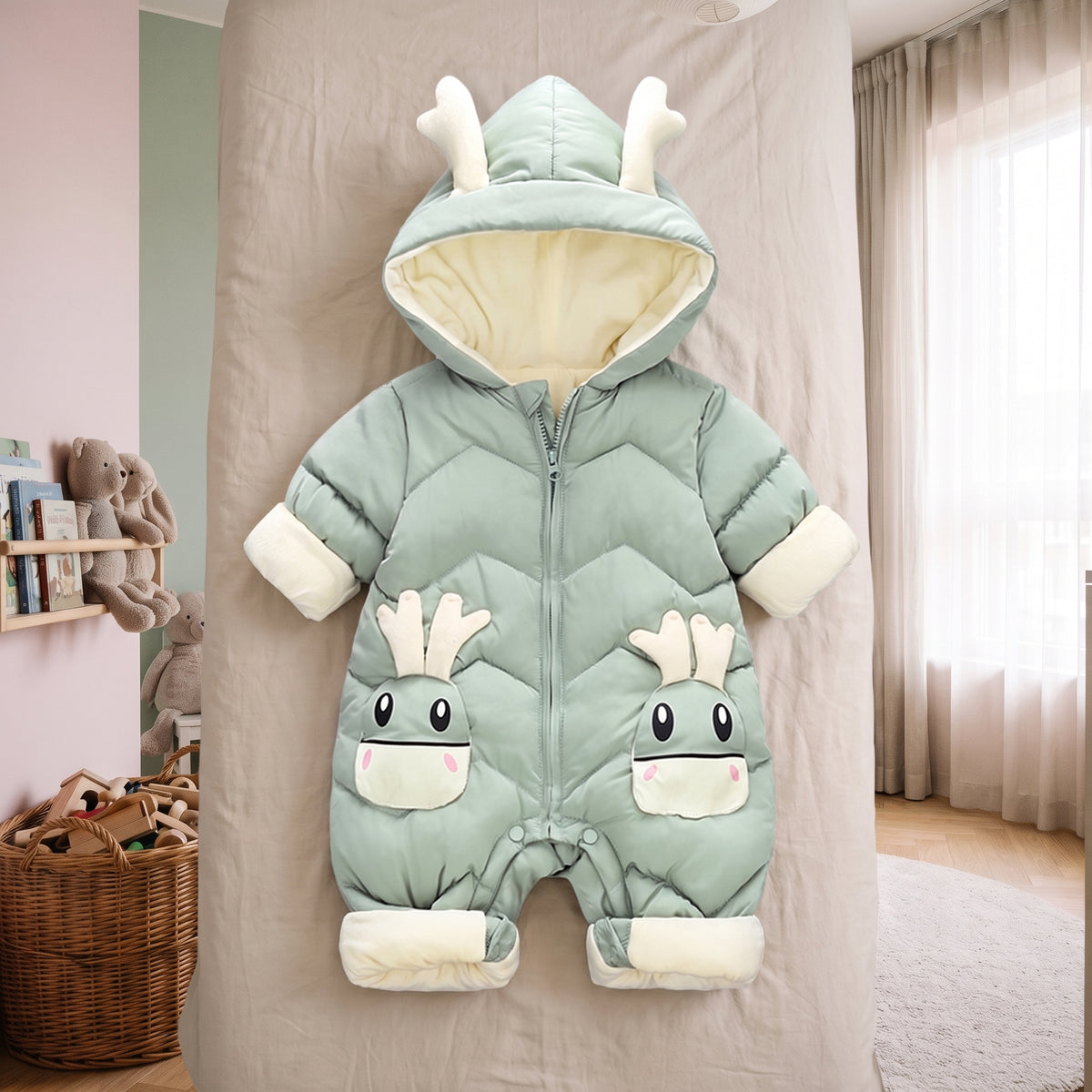 Combinaison pilote bébé verte à capuche cerf, vue seule