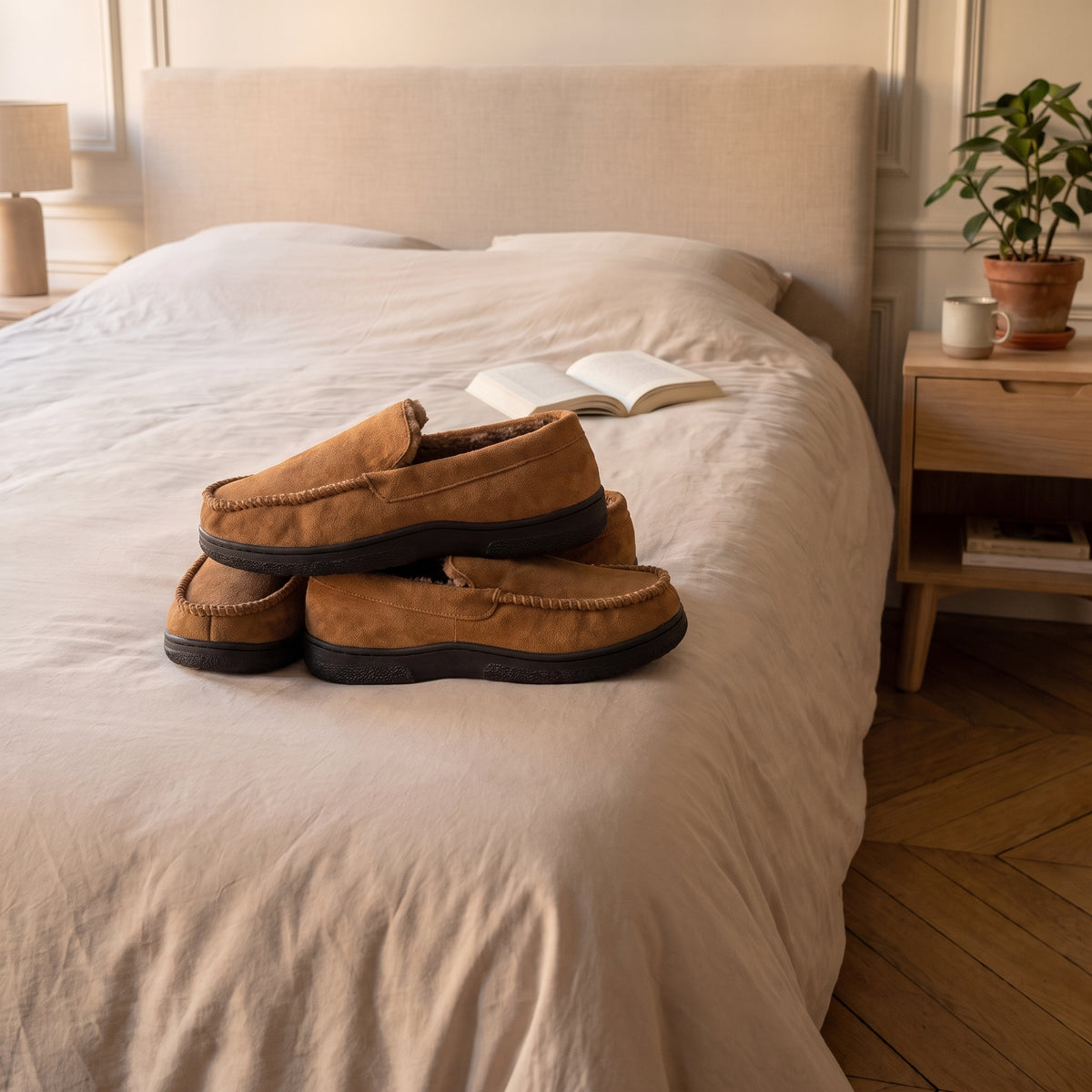 Mocassins chaussons homme camel pliés