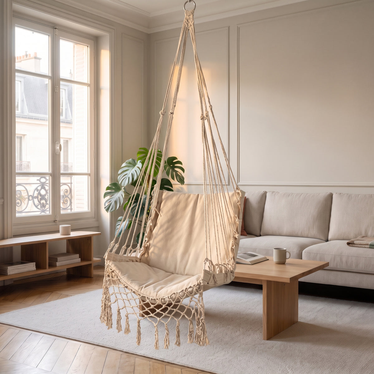 Chaise hamac blanche en macramé vue de face
