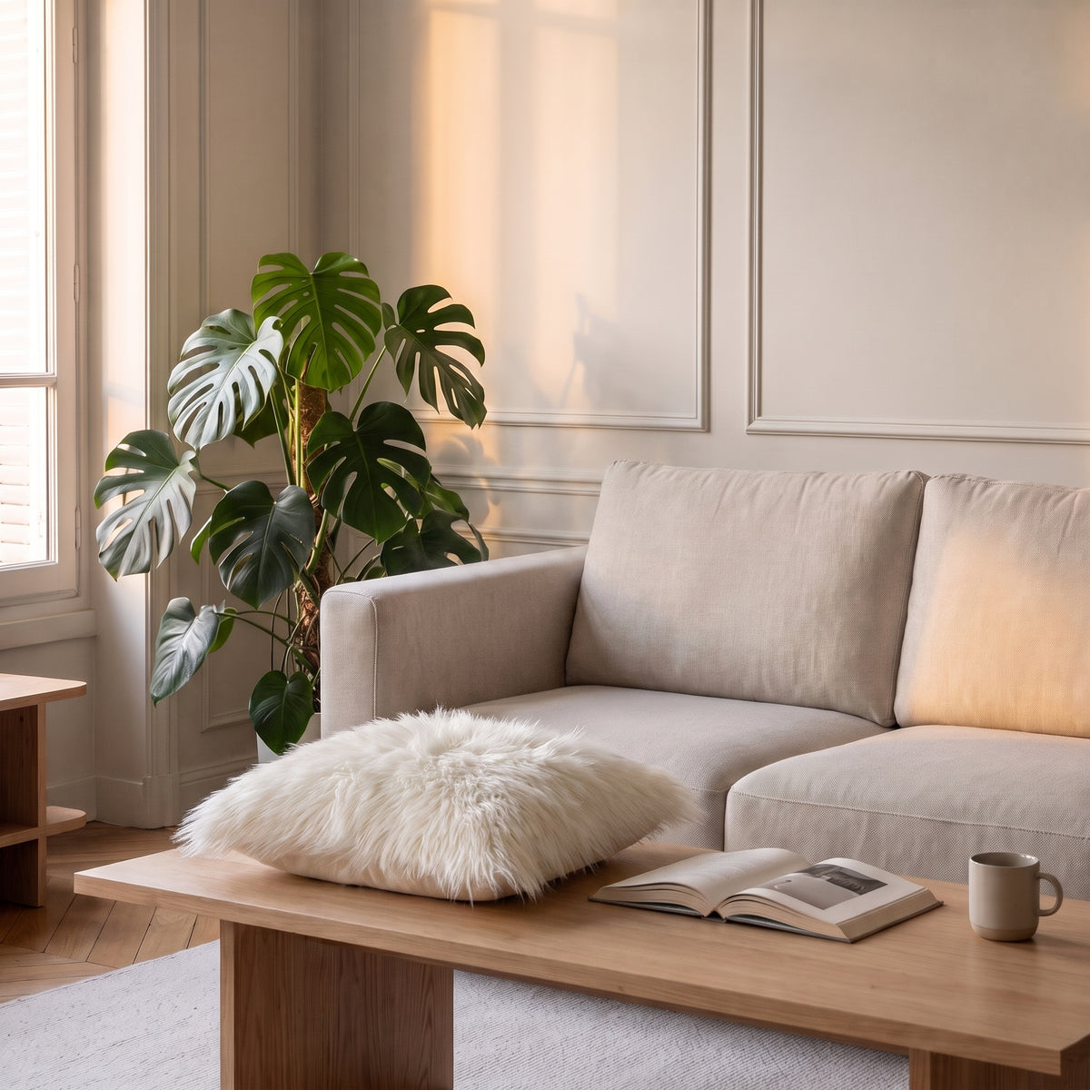 Housse de coussin en fausse fourrure écrue, vue seule