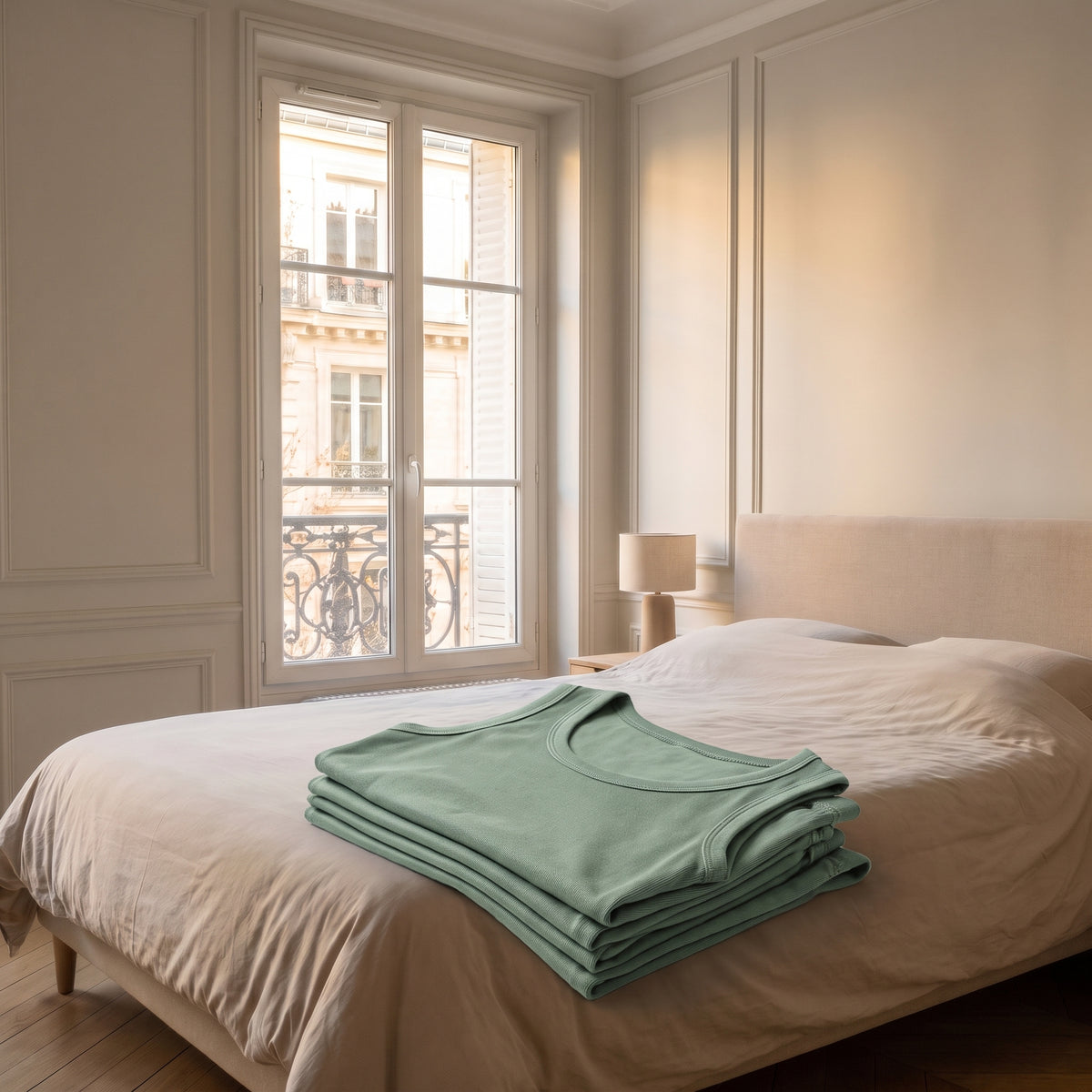 Pyjama d'été vert plié, posé seul