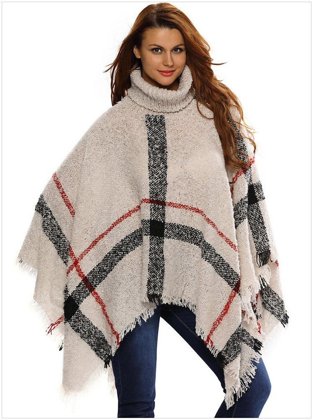 Cape femme beige à carreaux et col roulé vue de face