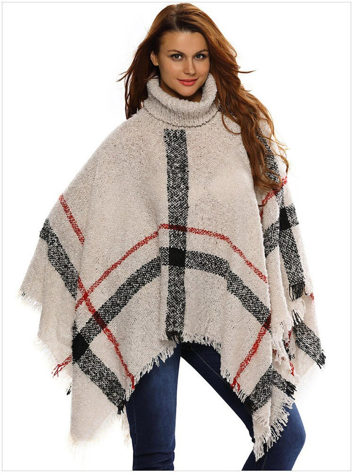 Cape femme beige à carreaux et col roulé vue de face