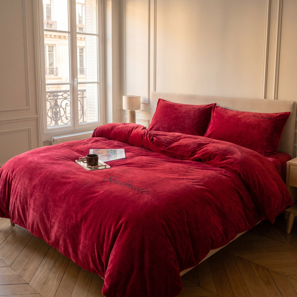 Housse de couette imitation velours rouge, vue seule