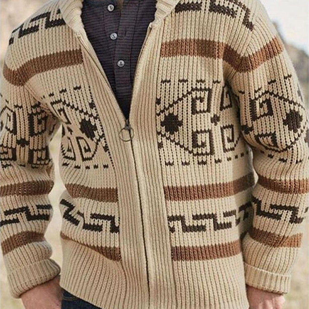 Cardigan homme marron à motifs géométriques vue de face