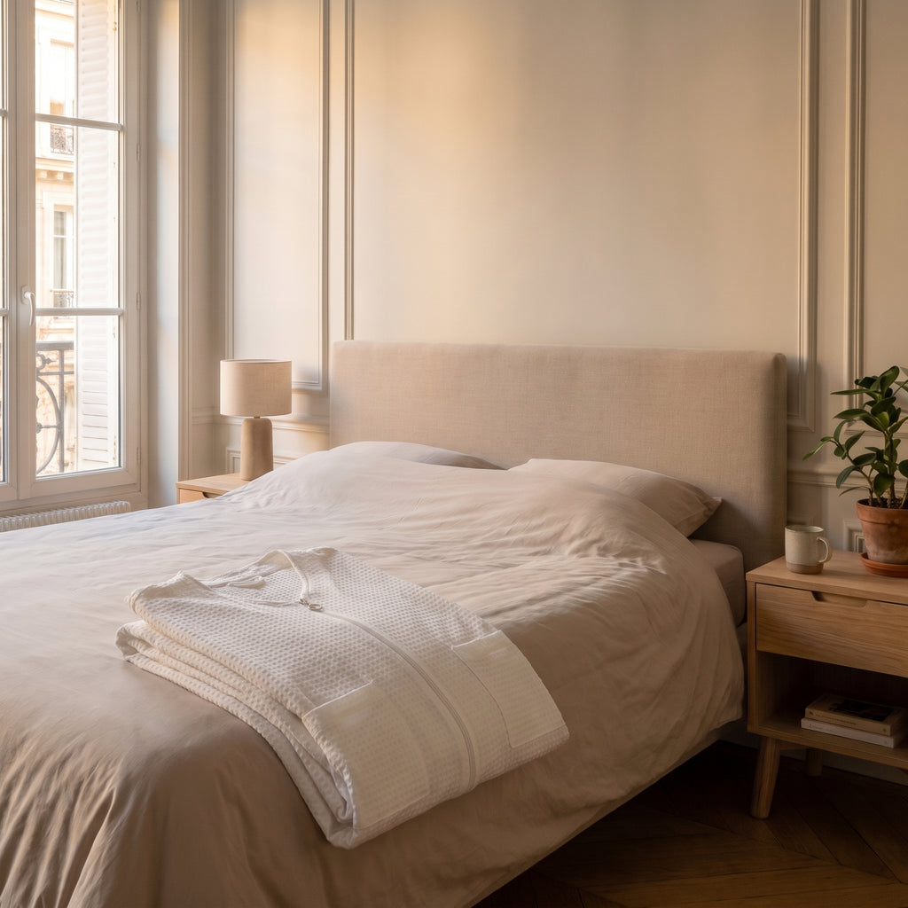 Robe de chambre zippée blanche pliée au pied du lit