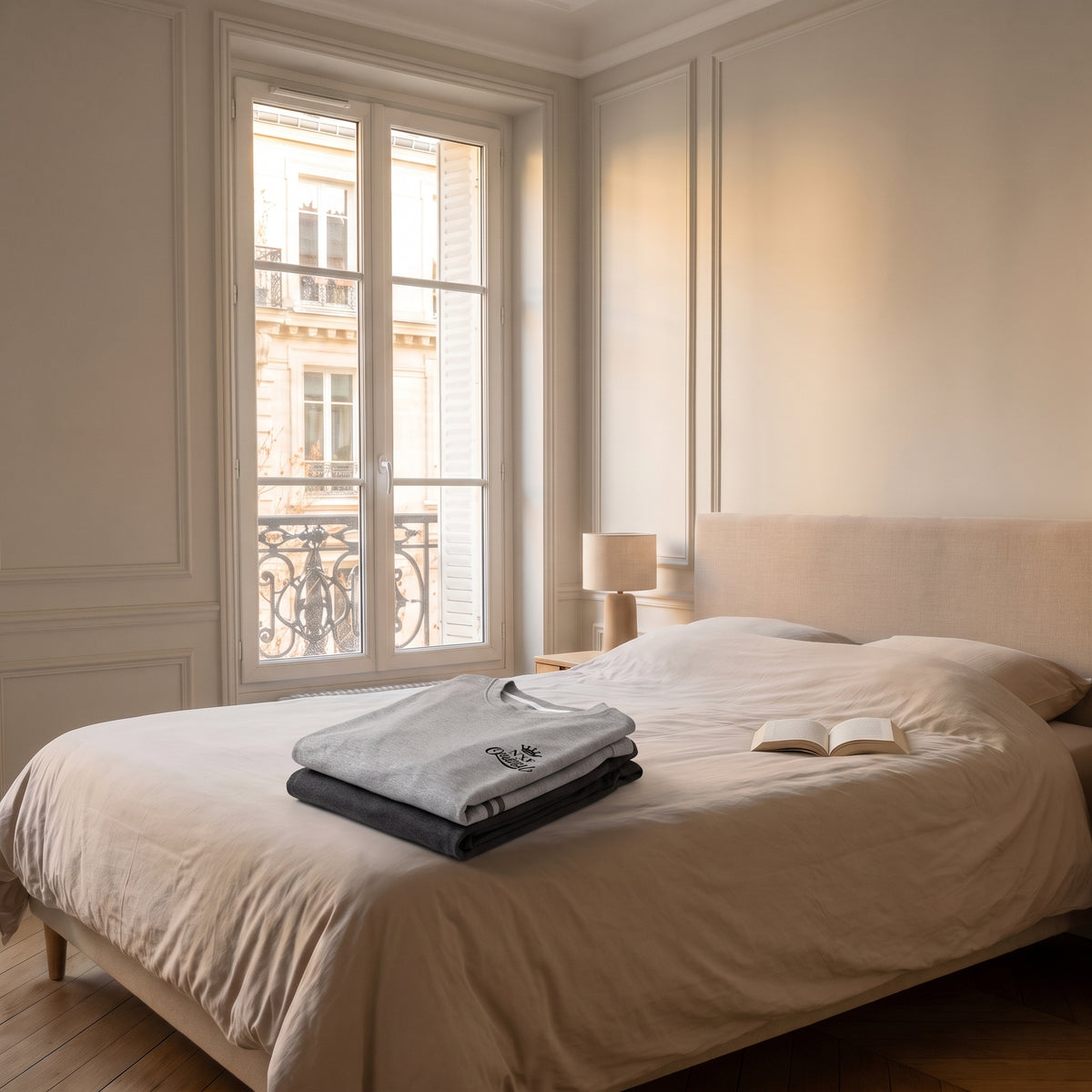 Pyjama homme bicolore gris clair plié sur le lit