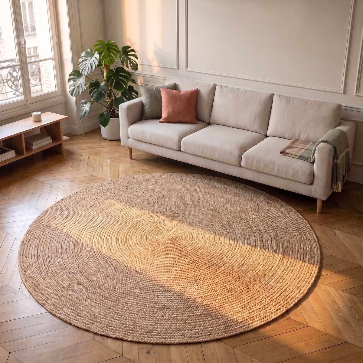 Tapis rond camel clair en sisal montré en entier dans un salon