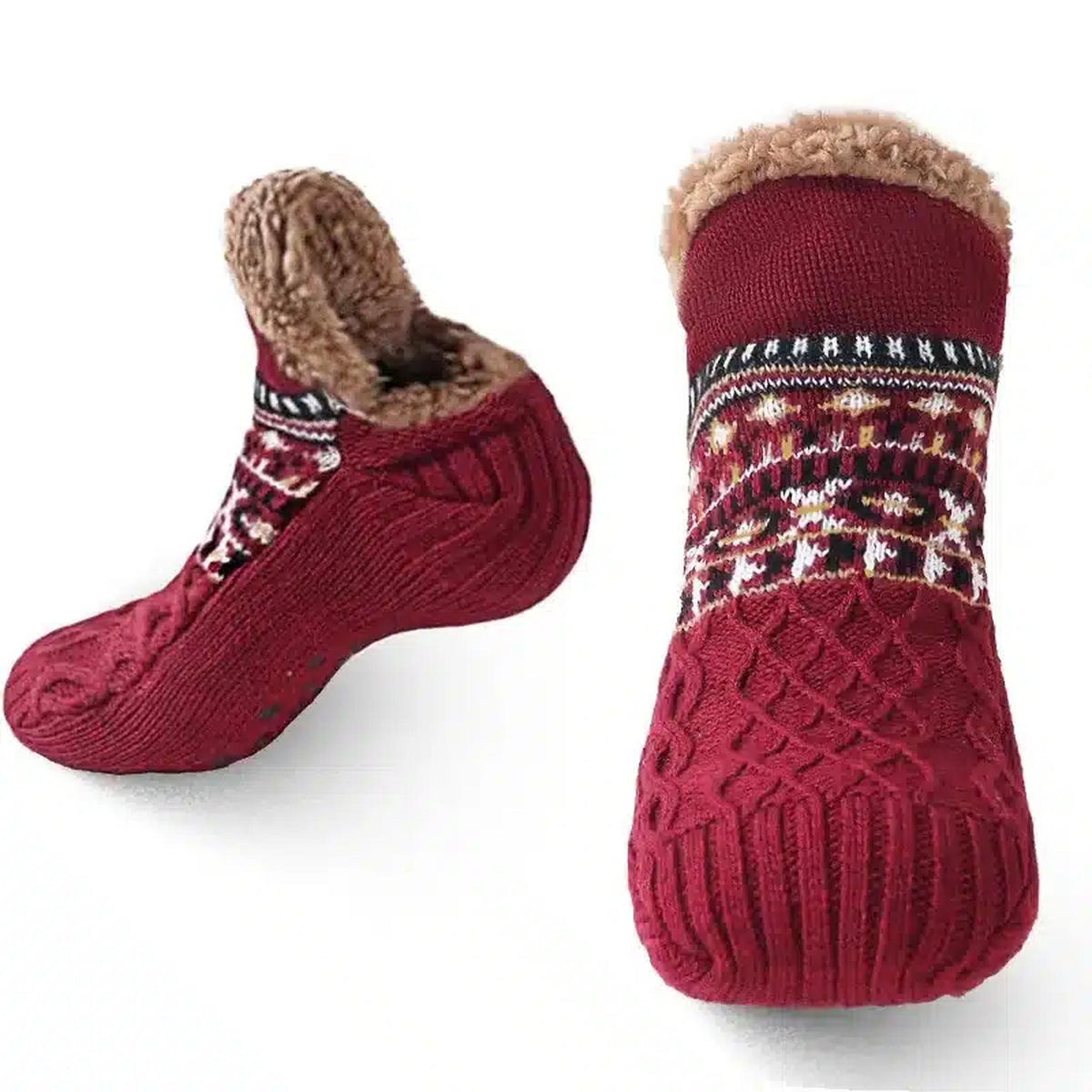 Chaussettes chaussons fourrées rouges vues de près