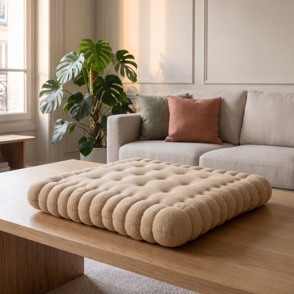 Coussin biscuit beige, vu seul