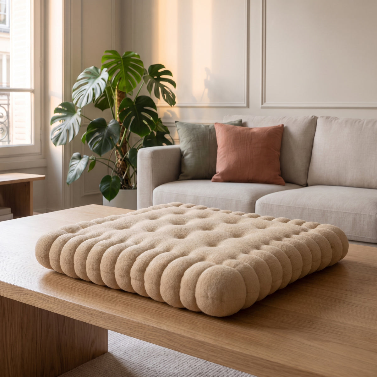 Coussin biscuit beige, vu seul