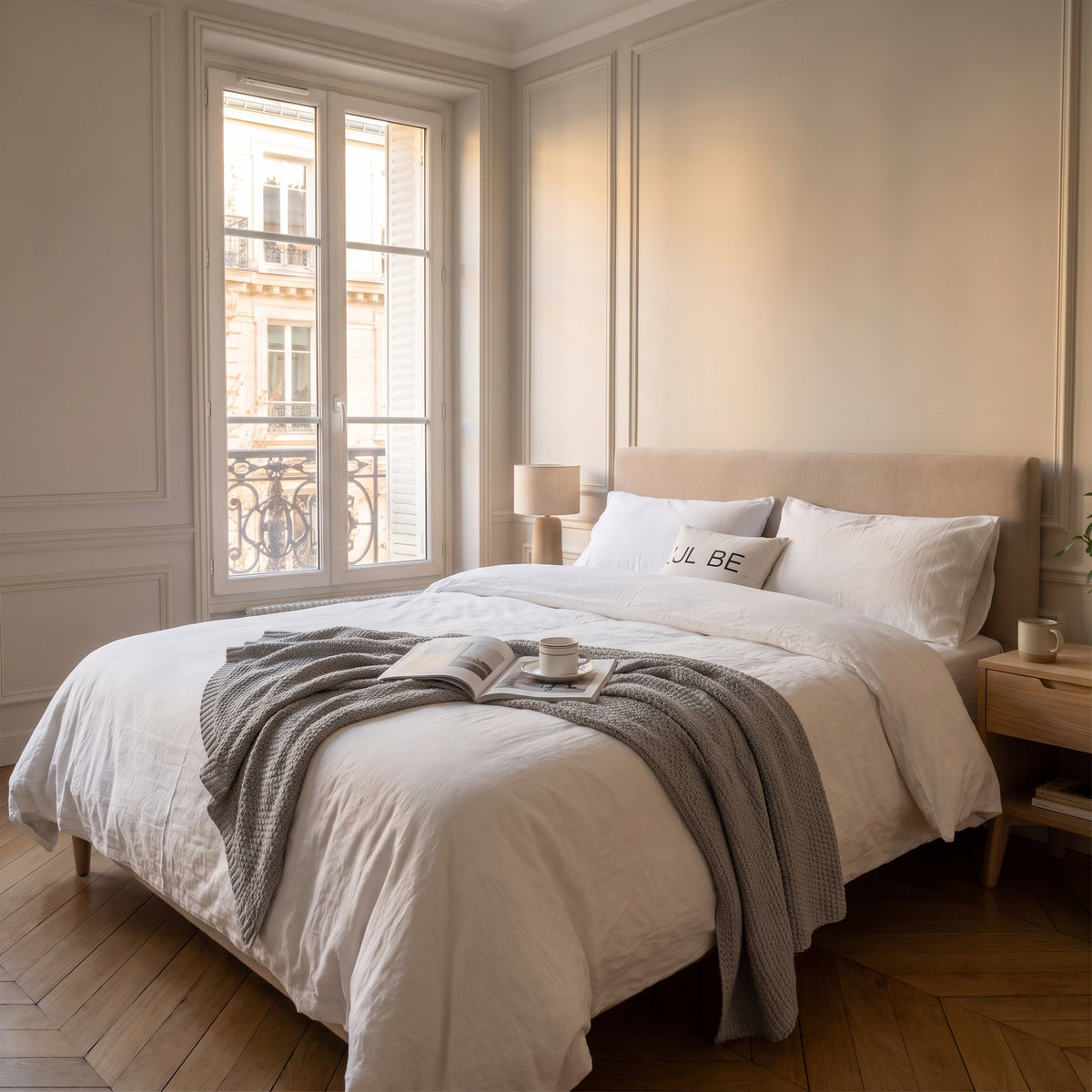 Housse de couette blanche en coton, pliée