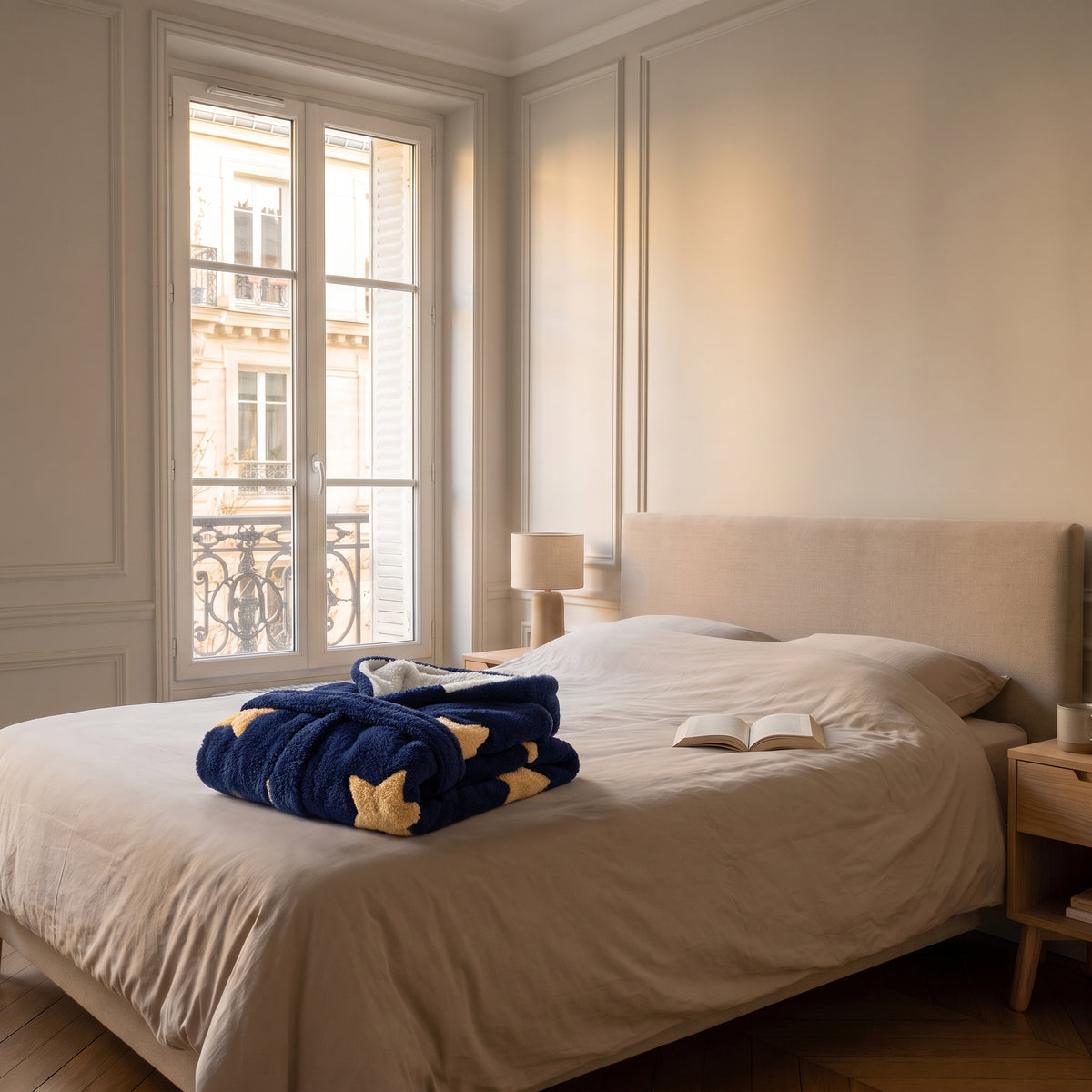 Peignoir à capuche en sherpa bleu marine plié, posé seul
