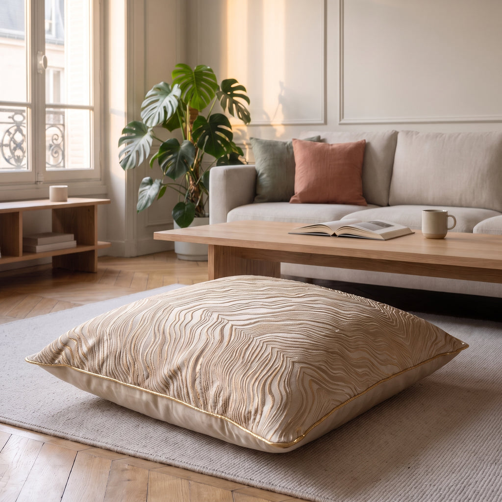 Coussin en jacquard satiné ivoire aux ondes dorées vu de face