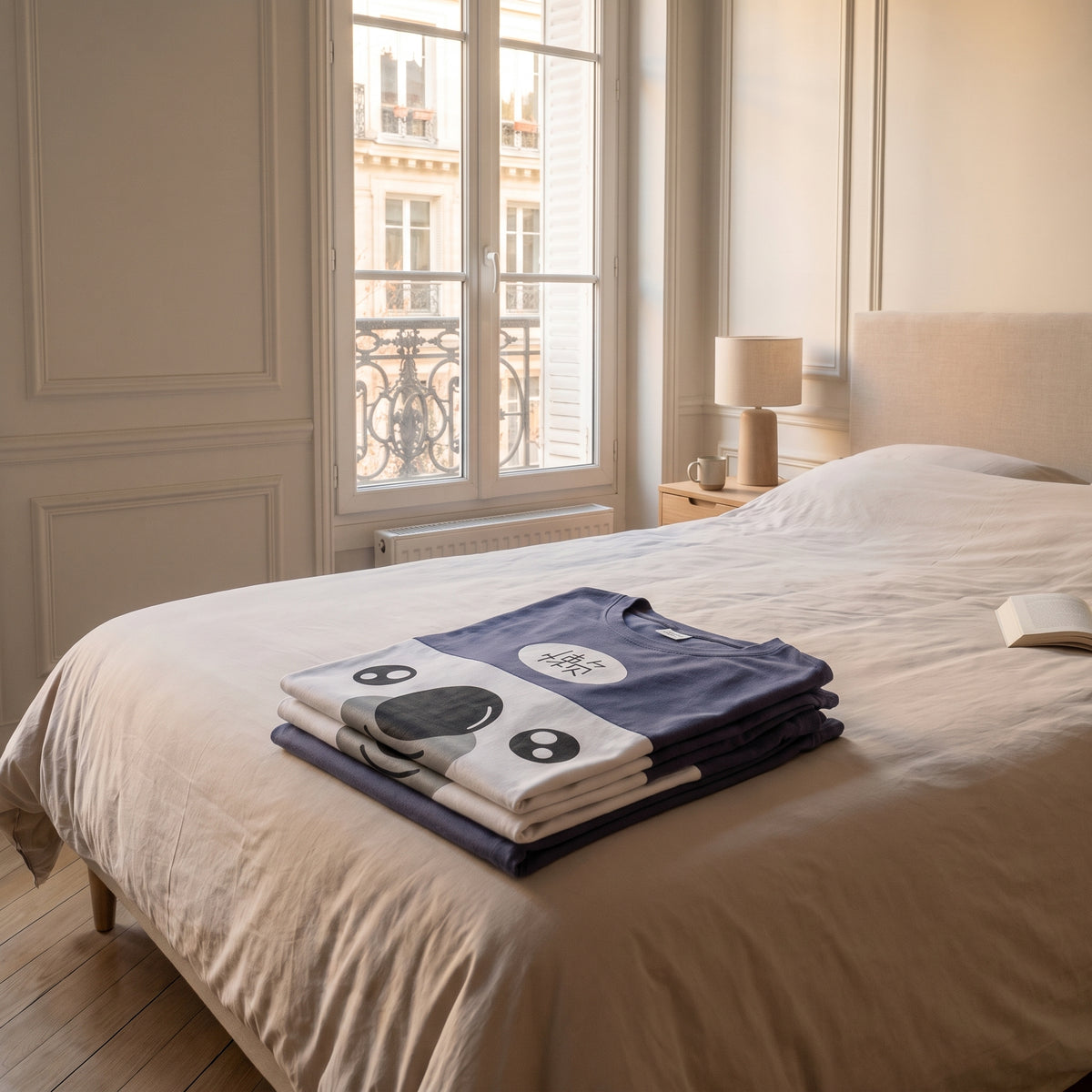 Pyjama d'été homme à koala plié sur un lit dans la chambre Moment Cocooning