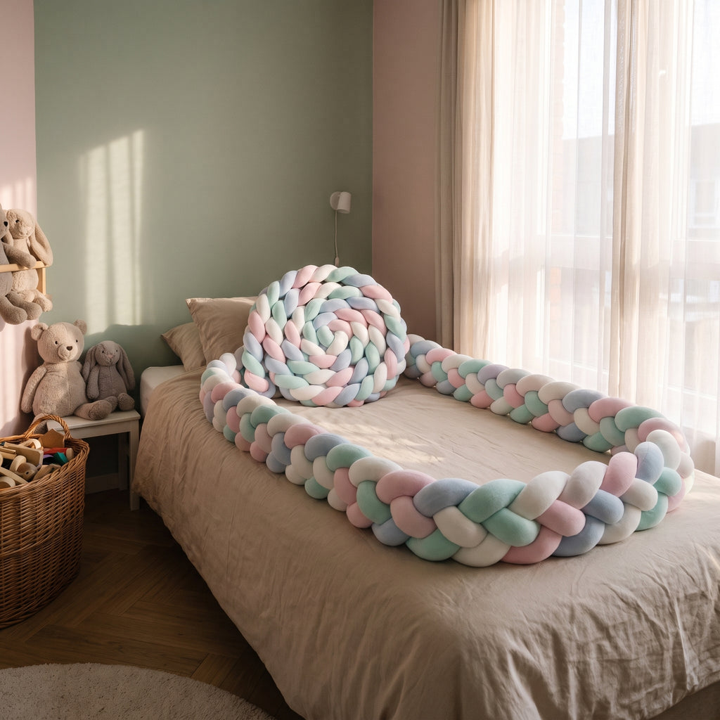Tour de lit tressé rose enroulé en spirale, vu en entier