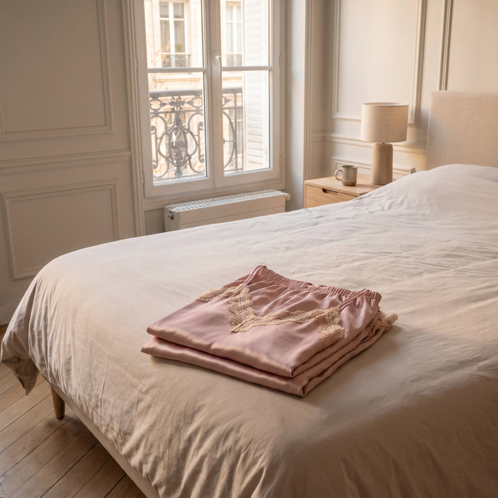 Pyjama en dentelle rose clair plié, posé seul