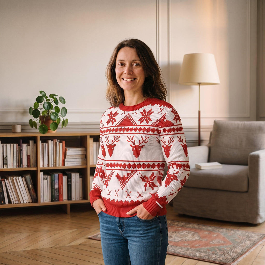 Pull de Noël blanc à rennes plié