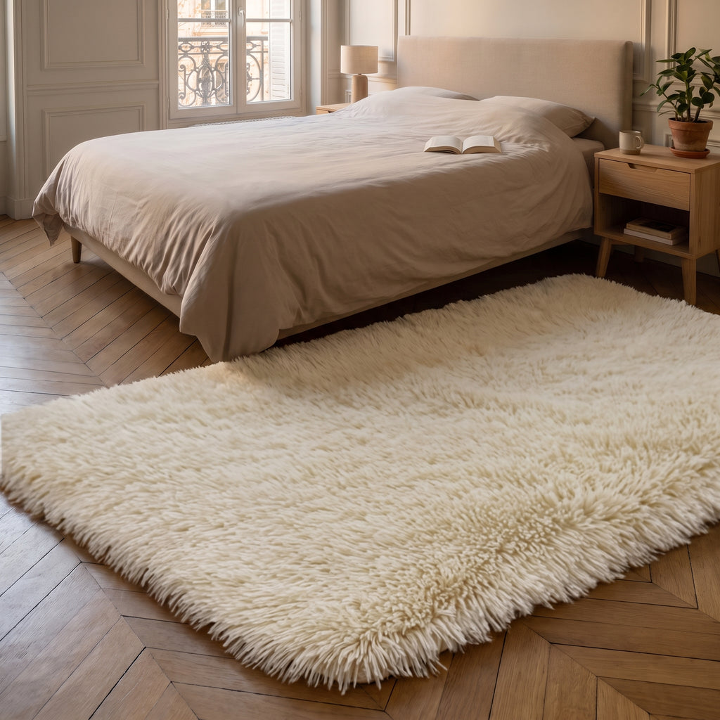 Le tapis écru déplié seul et à plat sur le parquet, vu en entier de trois quarts