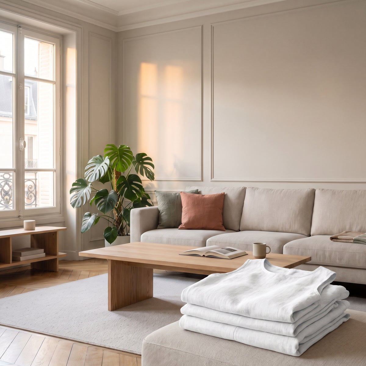 Ensemble en lin blanc plié, posé seul