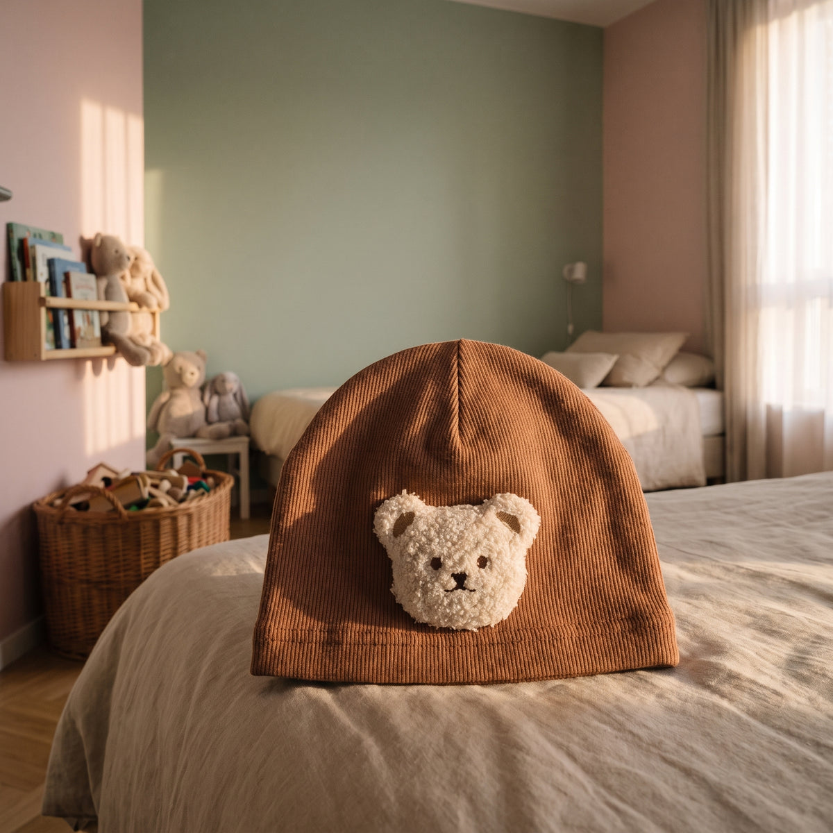 Bonnet bébé marron à ours vu de face