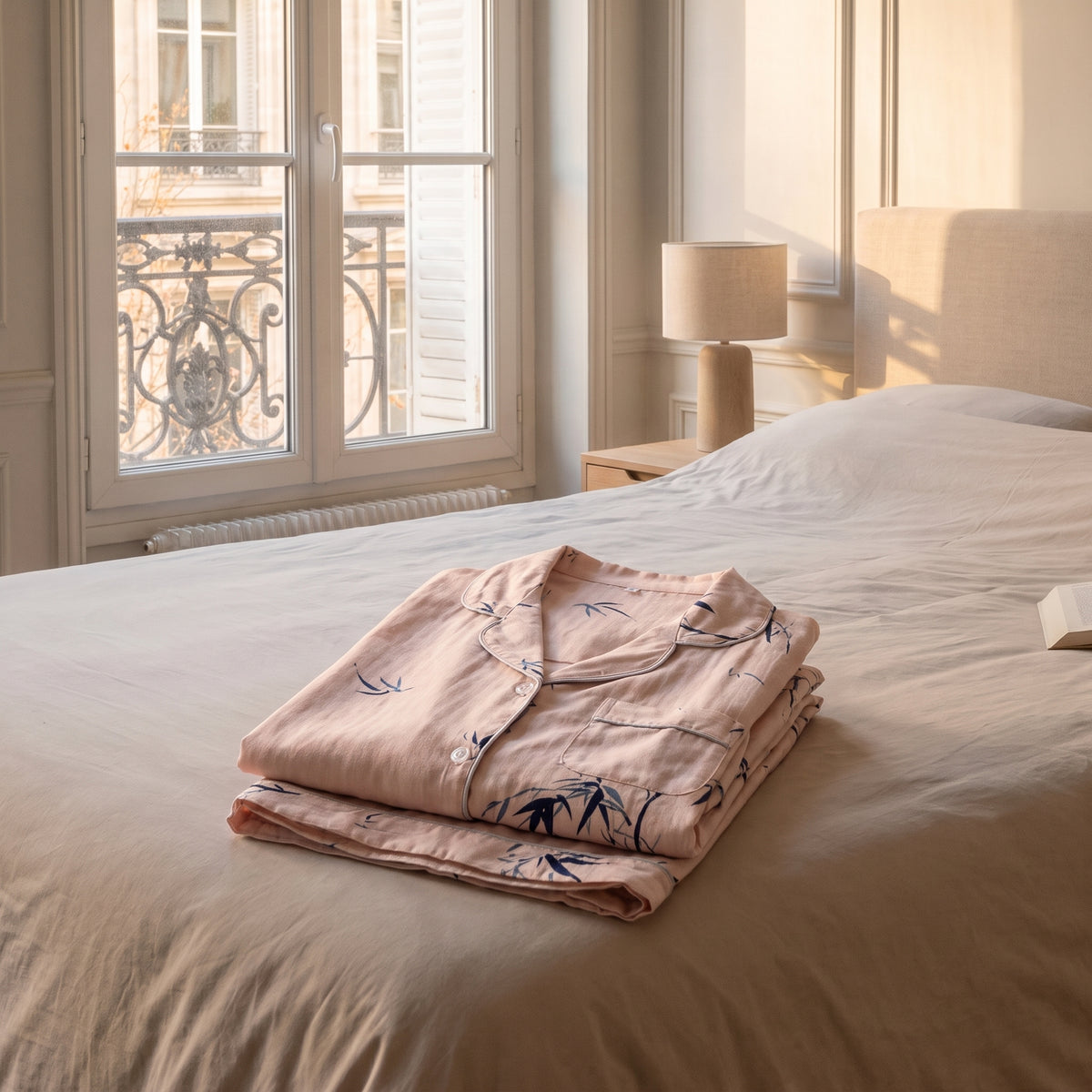 Pyjama court en coton à motifs plié