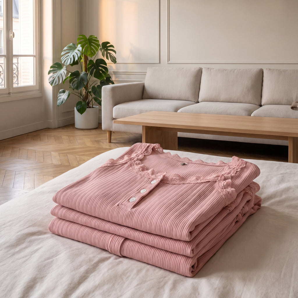Ensemble pyjama côtelé rose plié
