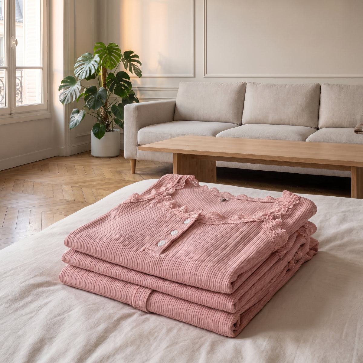 Ensemble pyjama côtelé rose plié