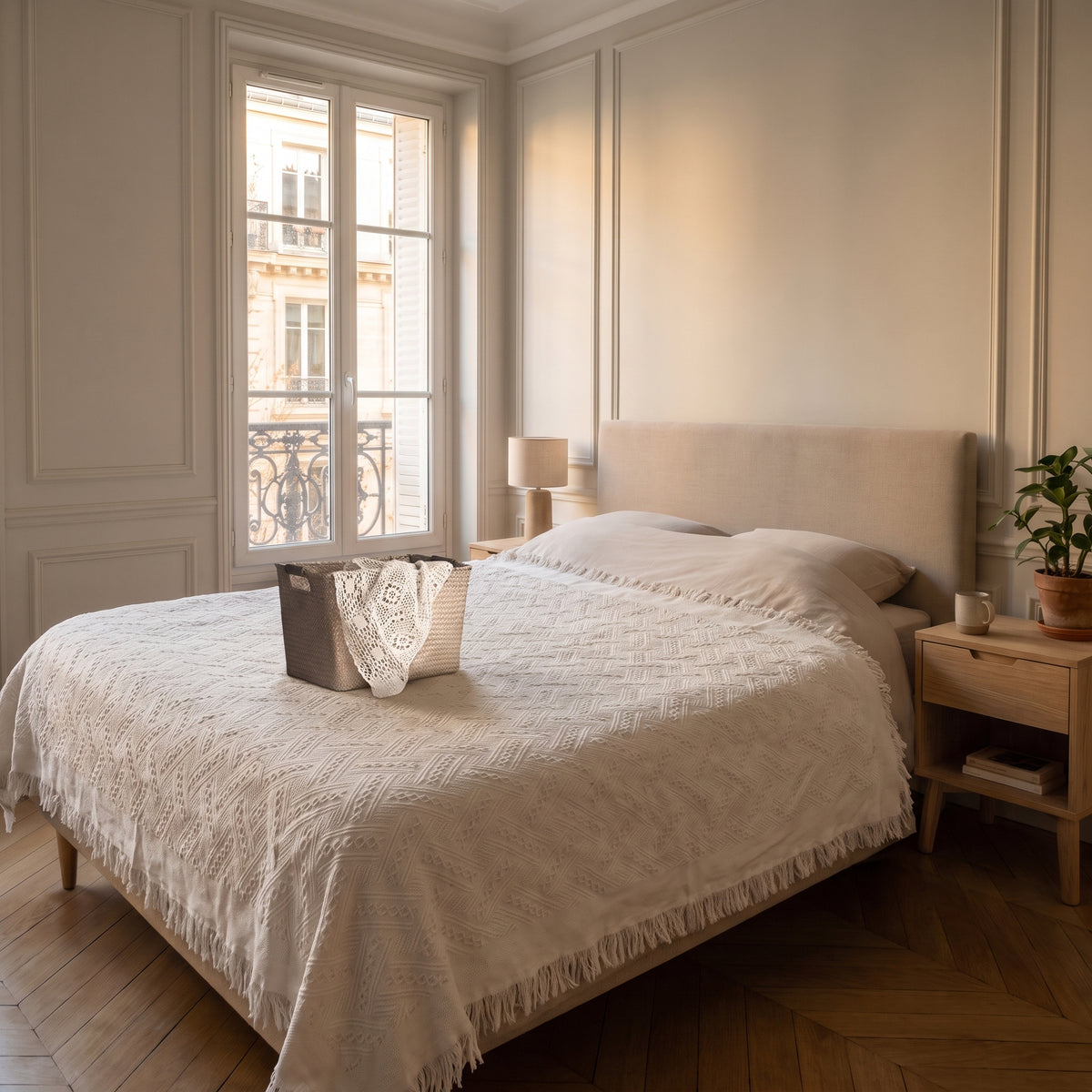 Plaid tricoté blanc cassé déplié sur le lit de la chambre