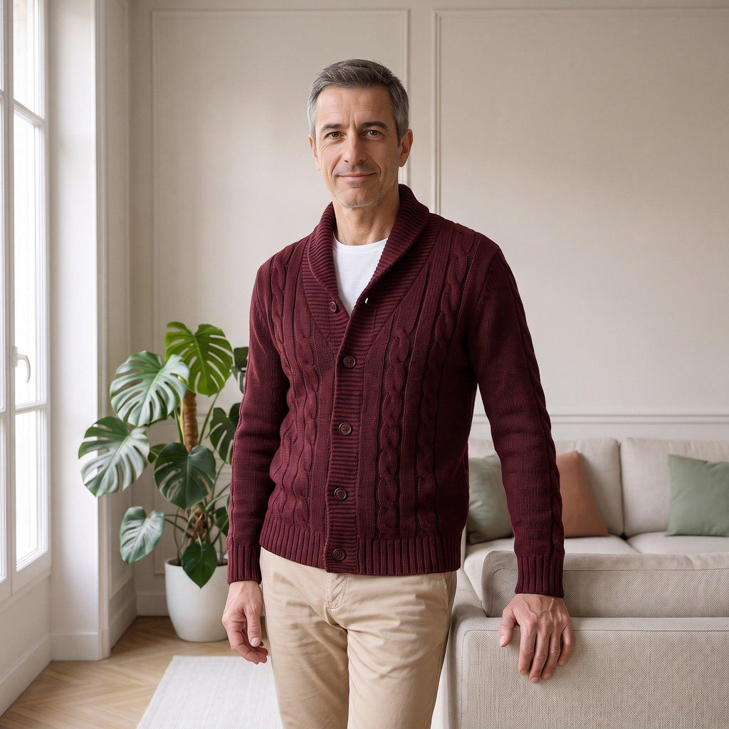 Cardigan homme bordeaux torsadé à col châle vue de face