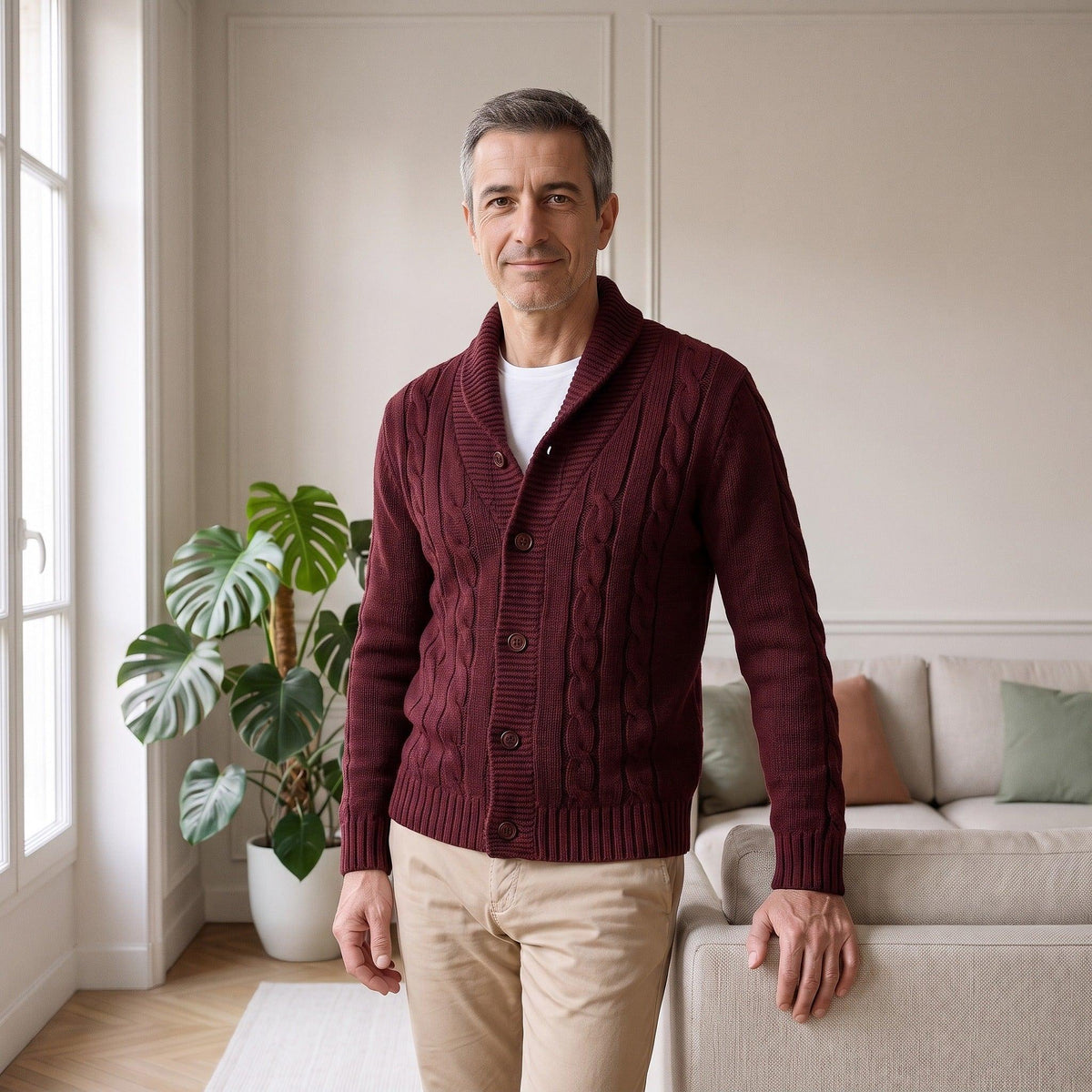 Cardigan homme bordeaux torsadé à col châle vue de face