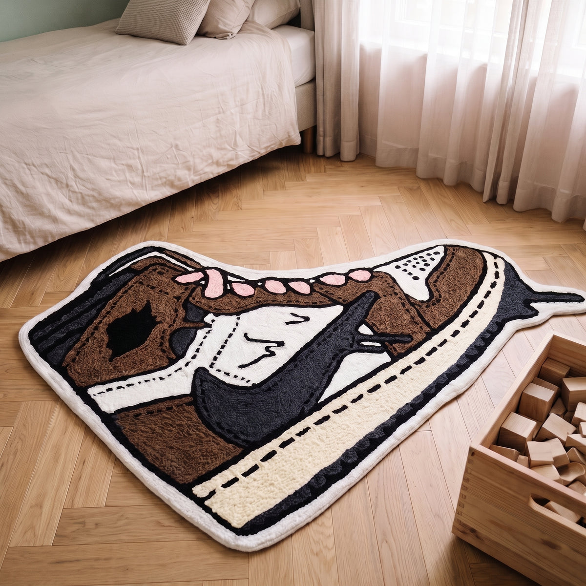 Tapis enfant en forme de basket marron vu de face