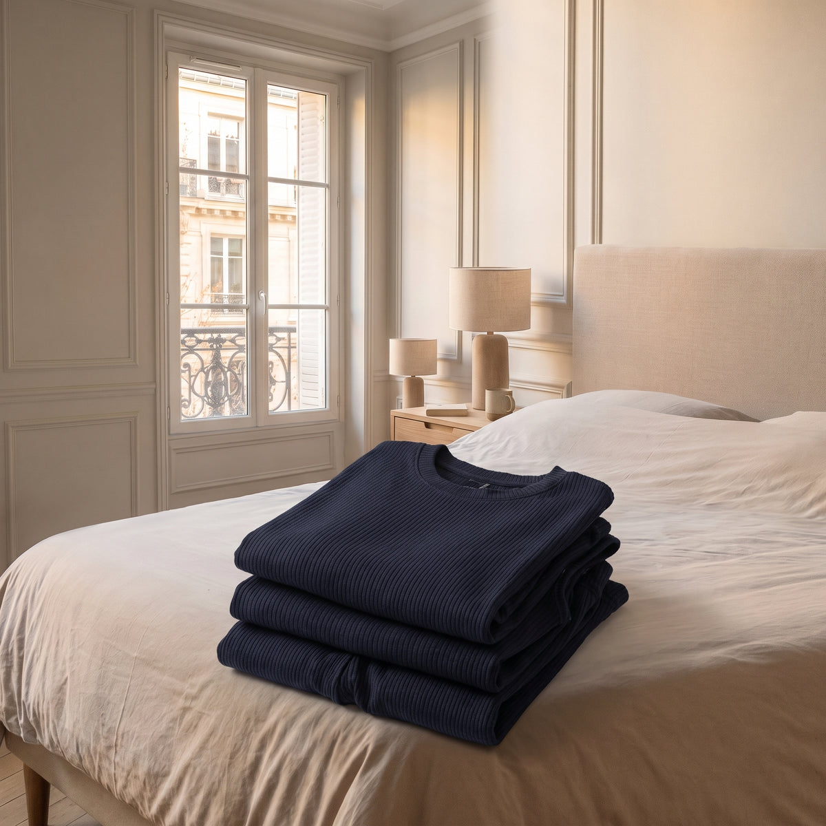 Ensemble d'été bleu marine plié en pile nette
