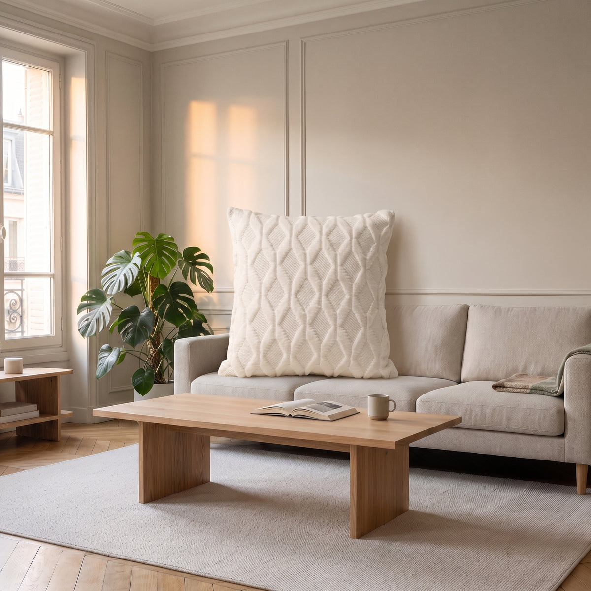 Housse de coussin à poils longs blanche, vue seule