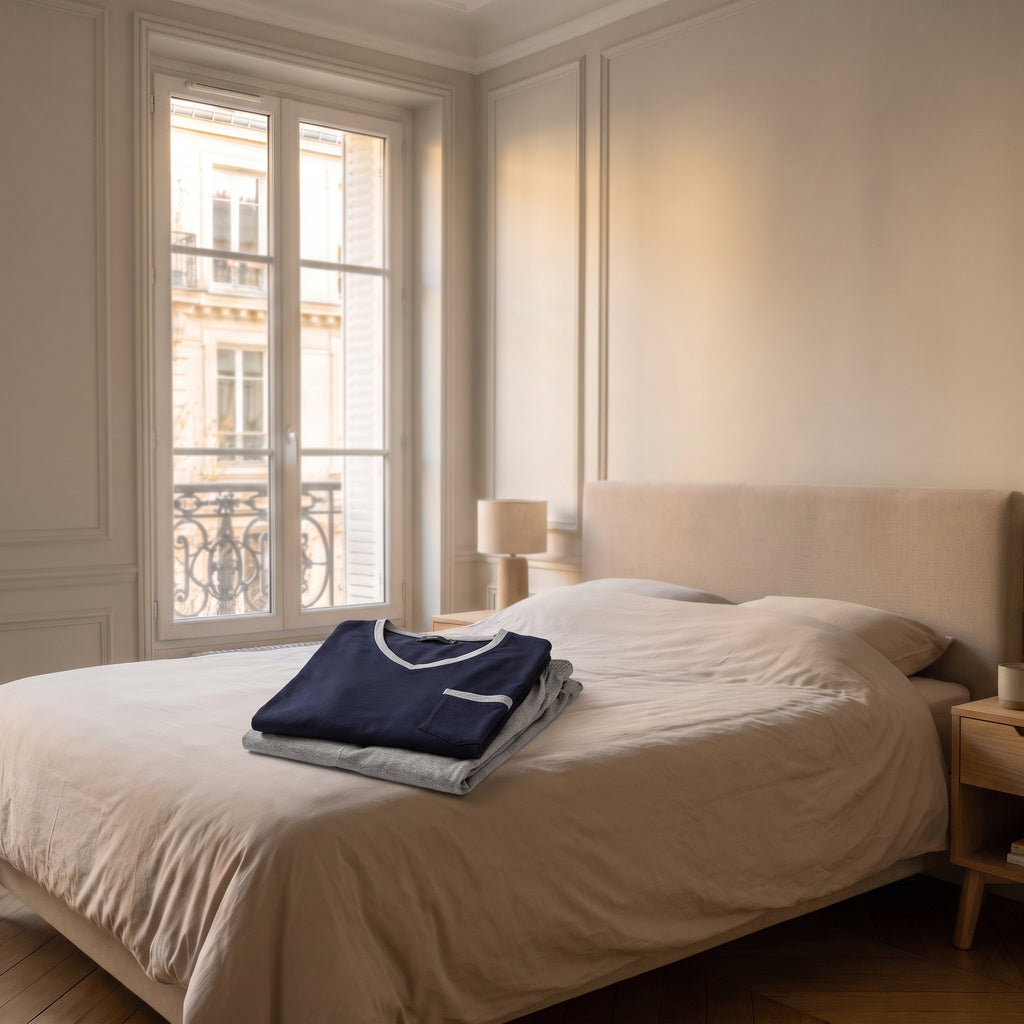 Pyjama homme bleu marine et gris plié sur un lit
