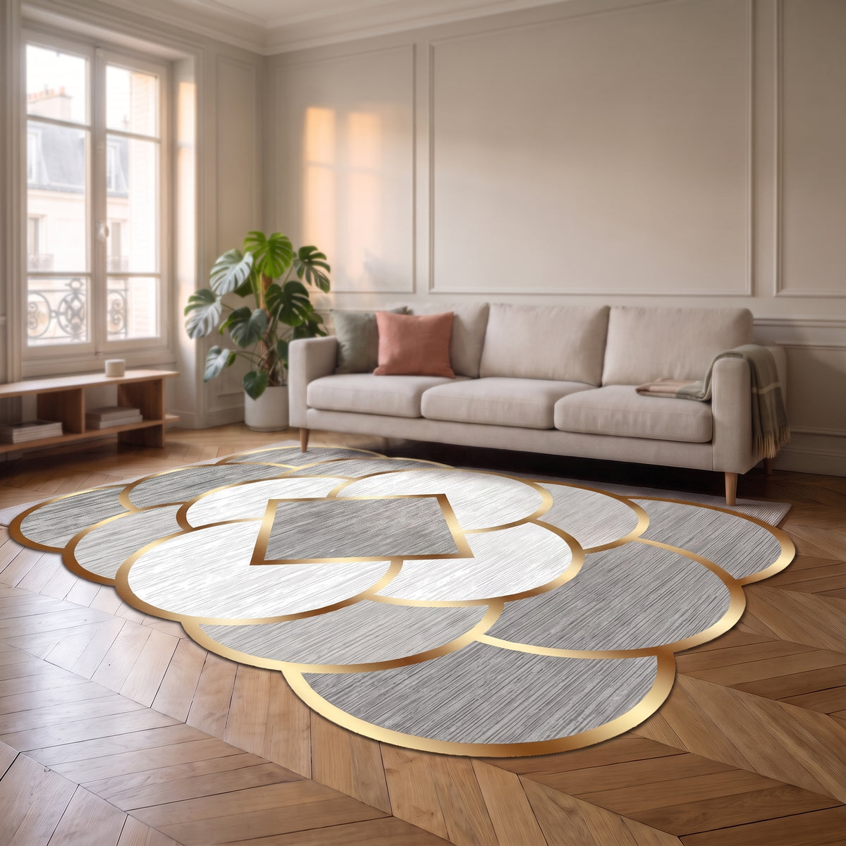 Tapis à pétales cerné d'un liseré doré vu de face
