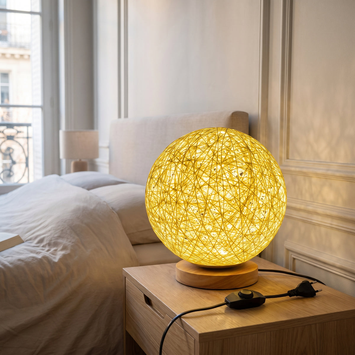 Lampe ronde en osier posée seule