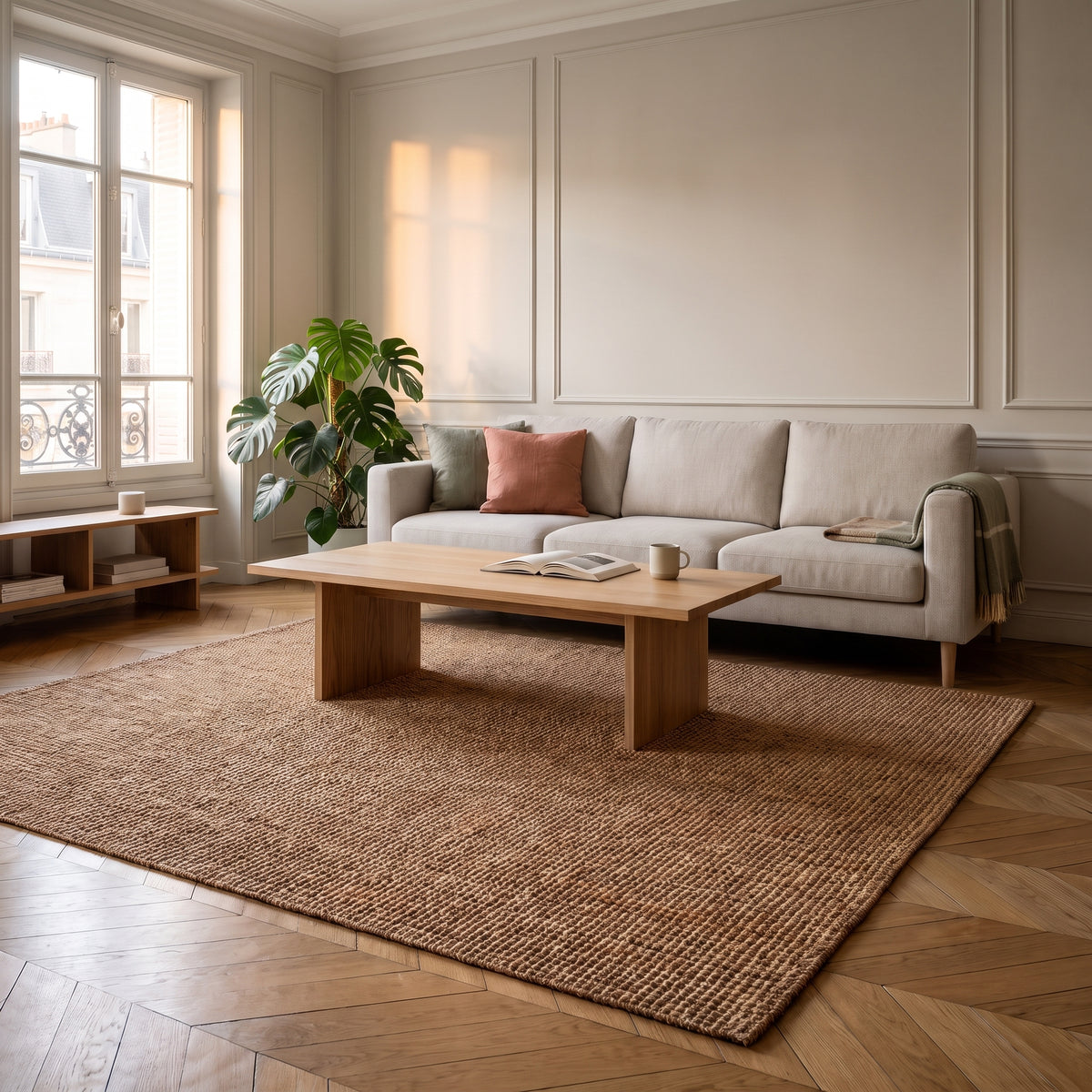 Petit tapis en sisal beige, posé seul