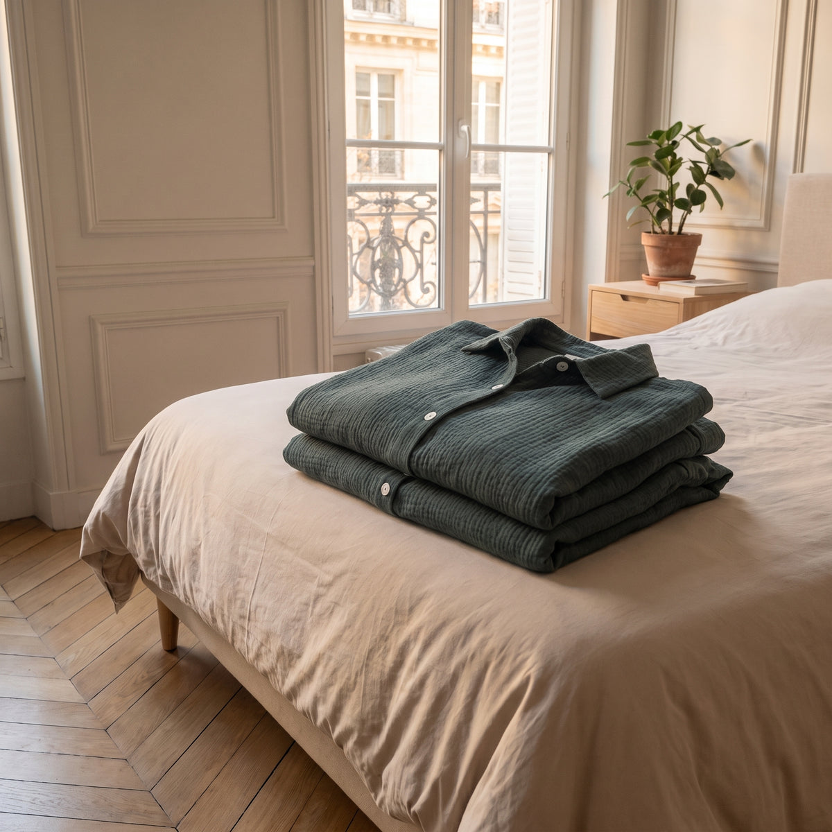 Ensemble chemise et short en gaze de coton vert plié au pied du lit