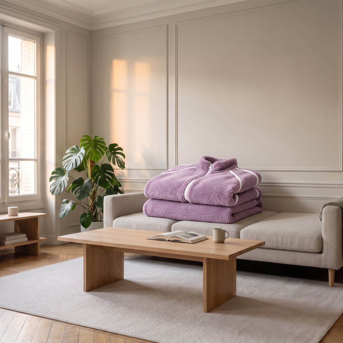 Ensemble en molleton violet plié, posé seul