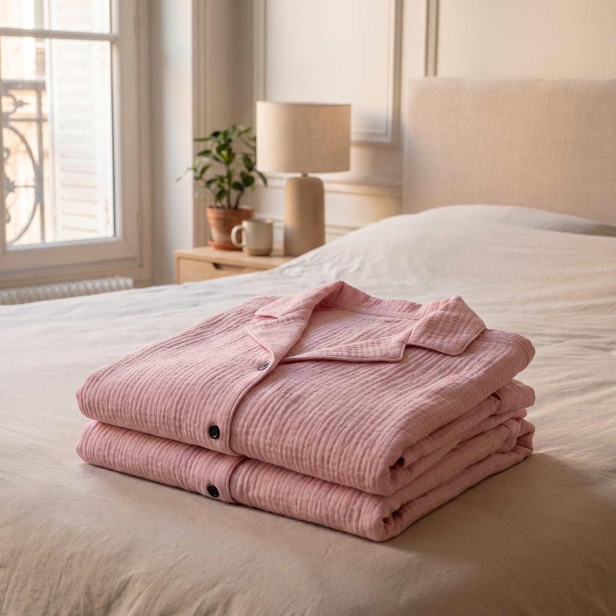 Pyjama en coton rose plié, posé seul