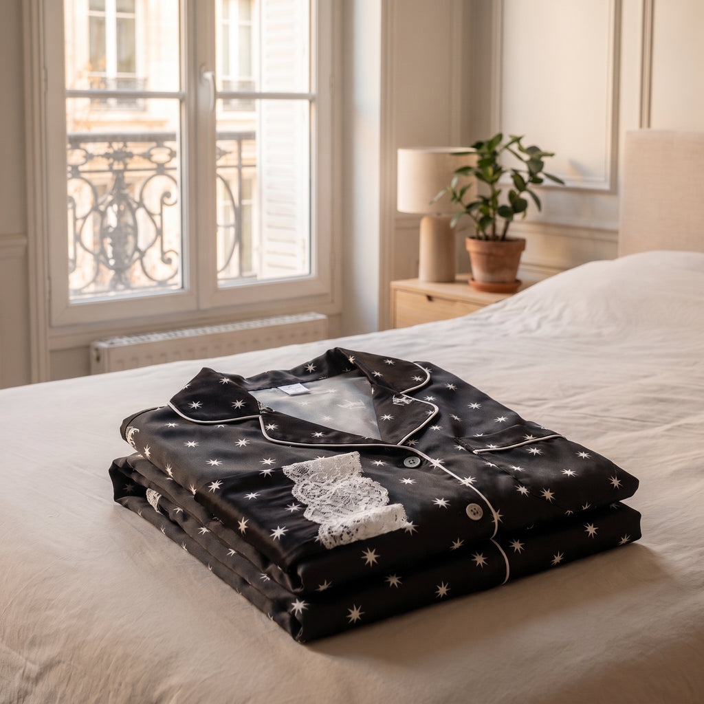 Pyjama en satin et dentelle noir plié, posé seul