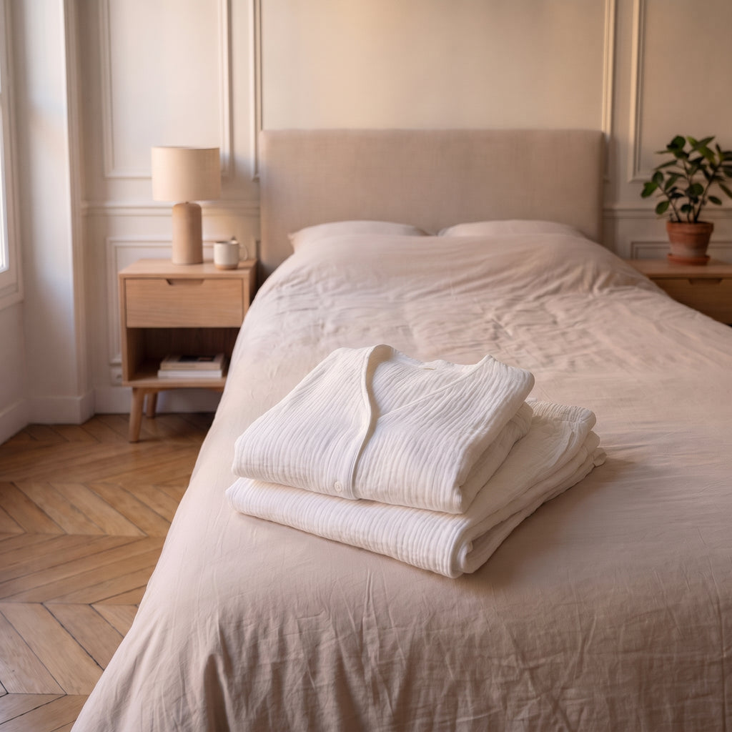 Ensemble en gaze de coton blanc plié